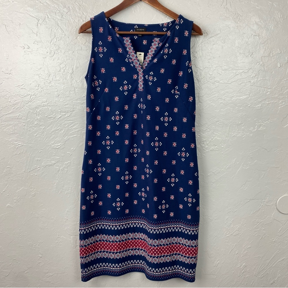 NWT Talbots Sleeveless Split Neck Mini knit Dress Size Small red, white & Blue